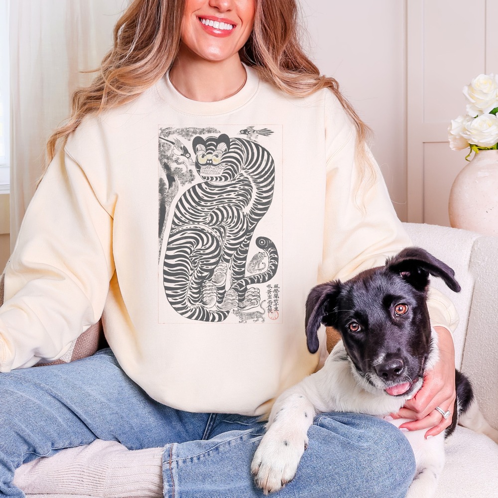 Korean Tiger Guarding Cubs with Magpies Folk Sweatshirt